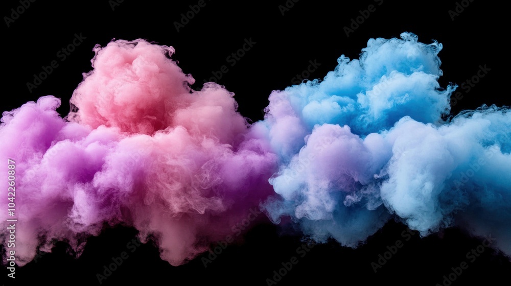 Poster swirling clouds of pink and blue smoke blend harmoniously against a solid black backdrop, creating a