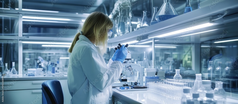 Poster a female scientist works in a lab using a microscope.