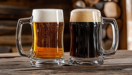 Two Mugs of Beer on Rustic Wooden Table, Macro Photography, Glassware, Ale, Lager, Stout, Beer