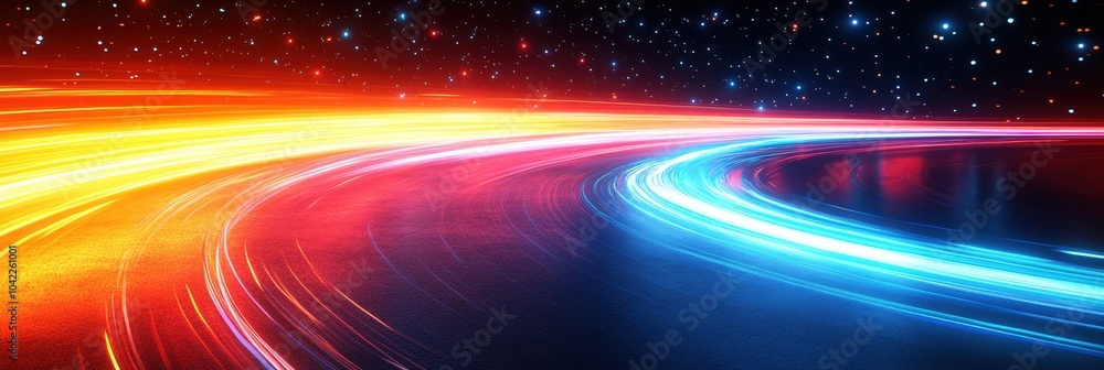 Sticker Abstract Motion Blur: Vibrant blue and orange light trails swirl against a dark starry background, ideal for futuristic themes or technology designs.