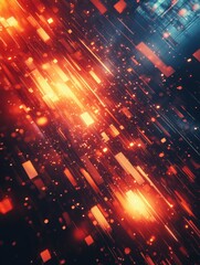 Fototapeta premium Abstract Digital Art: Vivid orange and blue lights streak through a dark background, perfect for tech and modern design themes.