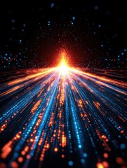 Obraz premium Futuristic Abstract Light Burst: Vivid orange and blue beams radiate from a central point, creating a dynamic visual suitable for tech themes.