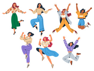 Six women dance in various energetic poses wearing stylish clothes. Ideal for fitness promotion, dance studios, expressing joy, fashion trends, and celebrating diversity. Digital art style