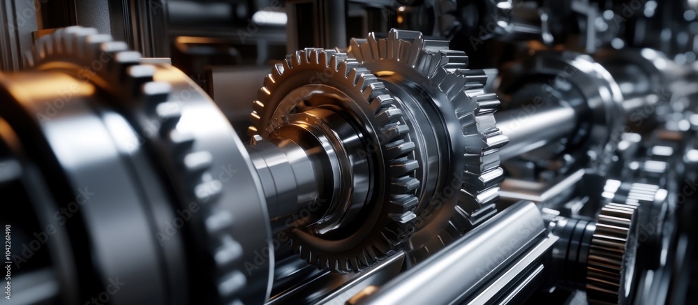 Poster closeup of intricate gears and shafts in a complex machine, showcasing the intricate workings of mod