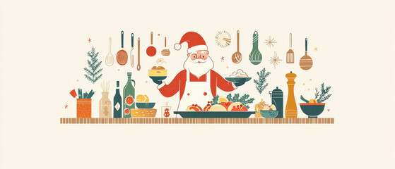 Fototapeta premium A festive illustration of Santa Claus in a kitchen, surrounded by various cooking ingredients, utensils, and holiday decorations.