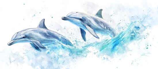 Two dolphins leap through the air in a watercolor painting.