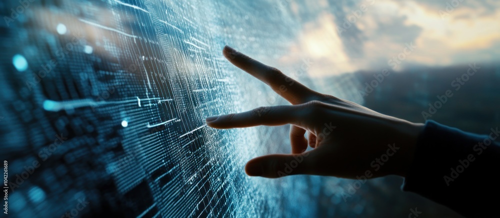 Poster a hand reaches out to touch a digital interface, the surface shimmering with data and code, against 