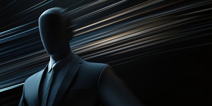 Abstract Mannequin: A sleek, faceless figure in a suit against a dynamic background of blurred light streaks, ideal for modern design use.