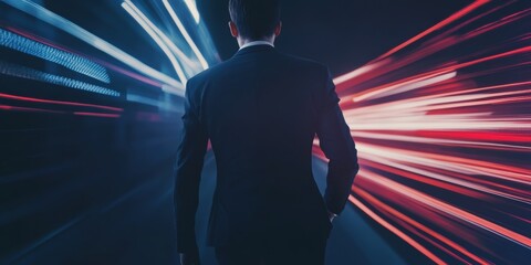 Dynamic Motion: A silhouetted businessman in a suit surrounded by vibrant light streaks, ideal for business and technology themes.