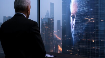 Executives collaborating and analyzing 3D data projections in a modern meeting room during a city evening
