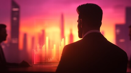 Executives engage in strategy discussion using 3D holographic data displays in modern meeting room