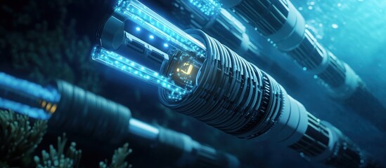 Futuristic underwater cables glowing with blue light.