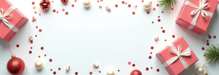 Obraz premium kraft paper gift boxes with red ribbons, christmas balls, confetti on white background, top view, copy space, minimalistic flat frame for christmas banner