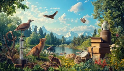 Obraz premium A peaceful nature scene with diverse wildlife and plants accompanied by scientific instruments for ecological study reflecting the harmony between science and nature