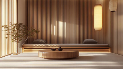 Fototapeta premium Minimalist Japanese Zen Room Interior Design with Wooden Wall Panels Low Table and Cushi
