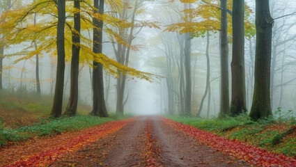 Obraz premium Colorful Autumn Leaves on a Misty Forest Path During Fall Season