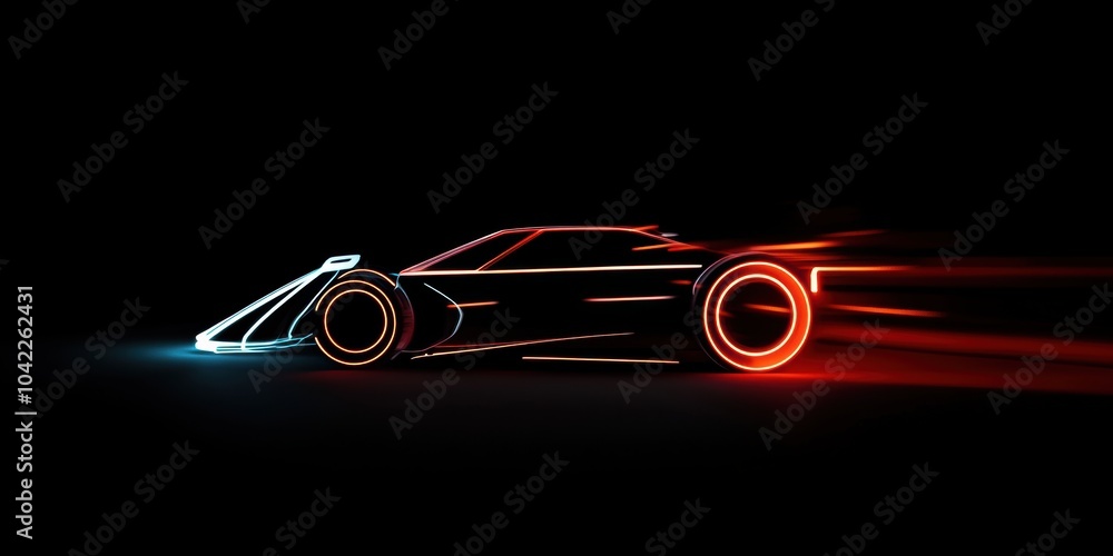 Sticker Sleek Futuristic Race Car: A neon-lit silhouette racing forward against a dark background, ideal for automotive and technology designs.