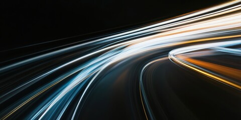Abstract light trails in dynamic motion, featuring blue and orange hues, ideal for technology and movement-themed projects.