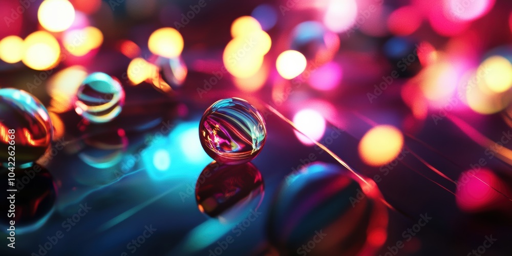 Wall mural Colorful Marbles Lying on a Reflective Surface with Bokeh Lights, Ideal for Abstract Art and Creative Designs