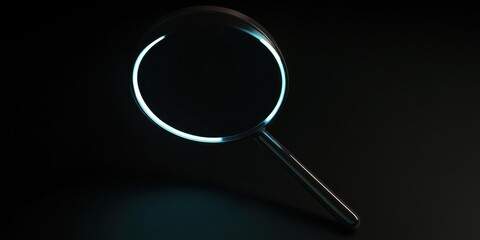 Dark Themed Magnifying Glass: A sleek, illuminated magnifying glass set against a black background, ideal for illustrations on investigation or focus.
