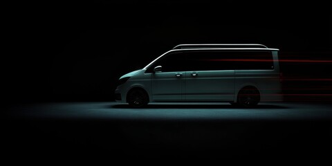Obraz premium Sleek Van Profile on Black Background: A Dynamic View with Motion Effects, Ideal for Automotive Advertisements