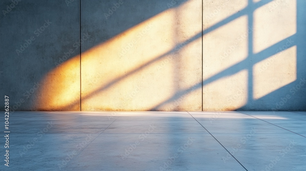 Poster warm sunlight illuminates a minimalist concrete wall, creating dynamic shadows across the floor in a