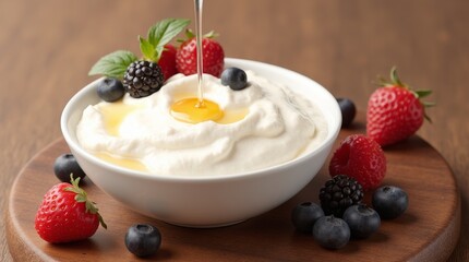 A delicious bowl of creamy yogurt topped with fresh raspberries, blueberries, and blackberries enjoyed on a wooden table in natural light