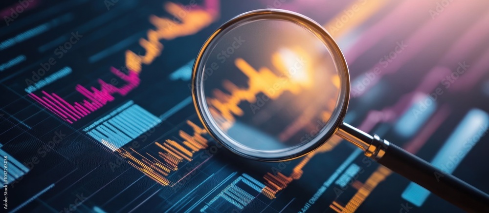 Aufkleber a magnifying glass lies on a digital screen with data visualizations, highlighting the importance of