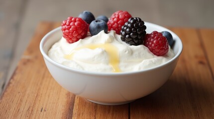 A delicious bowl of creamy yogurt topped with fresh raspberries, blueberries, and blackberries enjoyed on a wooden table in natural light