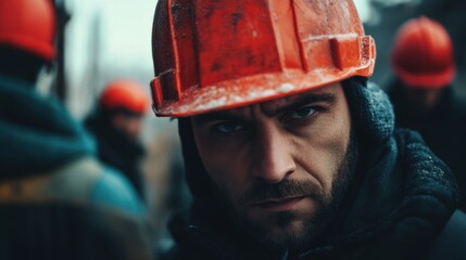 A construction worker stands resolutely, wearing an orange hard hat, against a cold backdrop where other workers are present, emphasizing the challenges faced in winter conditions