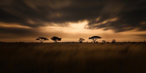 Naklejka premium Dramatic Sunset Over Silhouetted Trees: Captivating Landscape for Nature Enthusiasts and Travel Promotions