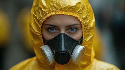 With a focused expression, the individual in protective gear navigates through a chaotic urban landscape, emphasizing the seriousness of the current public health situation