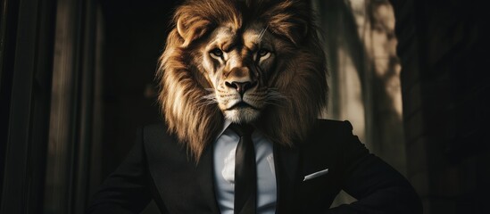 A lion with a serious expression, wearing a suit and tie, looking directly at the camera.