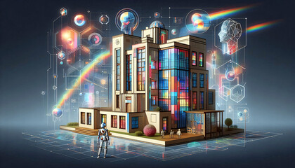 Zeichnung im Hologramm - Stil. Moderne Visualisierung in der Bauwerksplanung. Architektur mit künstlicher Intelligenz auf neuem Level.