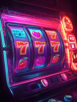 A slot machine displays glowing reels spinning classic symbols such as cherries and sevens against a colorful backdrop. Generative AI