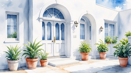 Fototapeta premium Charming watercolor illustration of a white house entrance with potted plants