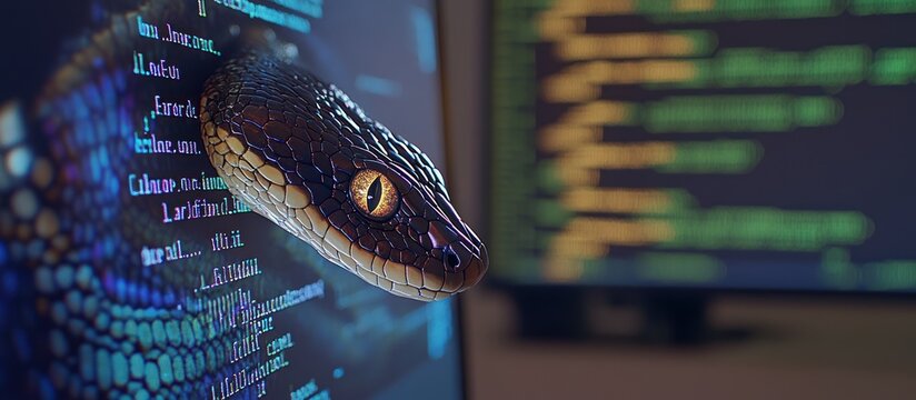 Close-up of a snake's head emerging from a computer screen with code on it.