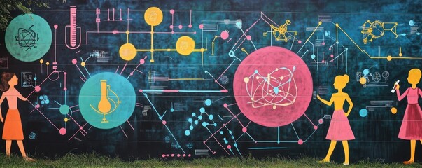 inspiring scientific mural filled with colorful diagrams and symbols of different scientific fields encouraging girls to pursue careers in science