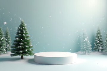 product podium features christmas tree snow scene render background holiday design decoration purposes