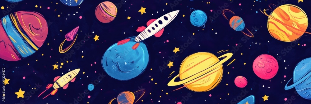 Poster Whimsical illustrations showcase planets, stars, rockets, and asteroids in a cosmic setting filled with color and imagination. Generative AI