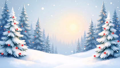 Obraz premium Winter watercolor landscape with snow-covered trees and festive decorations for holiday season