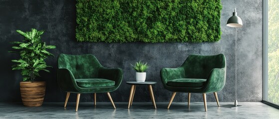Office lounge area with greenery-inspired decor modern furniture natural textures creating a relaxing break environment with an eco-conscious touch