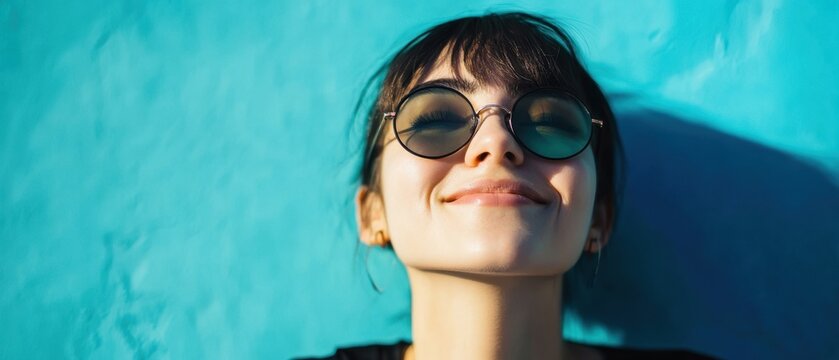 Non-binary individual radiating joy on a vivid turquoise backdrop, exuding positivity, individuality, and personal expression, creating a stunning visual of empowerment