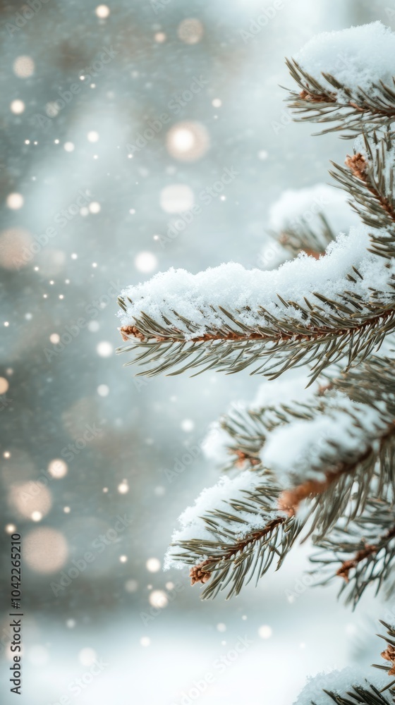 Poster Frost and snow on pine branches with a soft bokeh effect, creating a serene ambiance.
