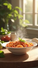Delicious spaghetti served on a wooden table with steam rising in the warm evening sunlight, garnished with fresh basil leaves