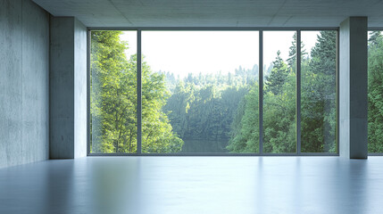 Fototapeta premium Modern Concrete Room with Large Window and Forest View