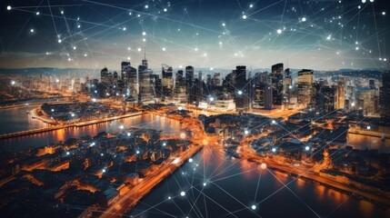 A dynamic cityscape glows with digital data overlays, highlighting modern connectivity and bustling urban life under a starry sky.