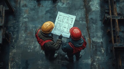 Two construction workers wearing hard hats and safety vests study a blueprint on a construction site.