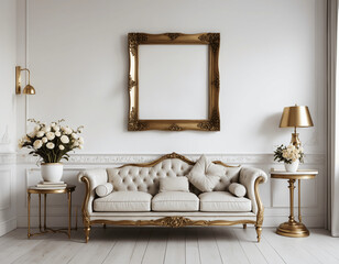 Mock up frame on a white background  with vintage decoration, pile of antique  book and flower pots