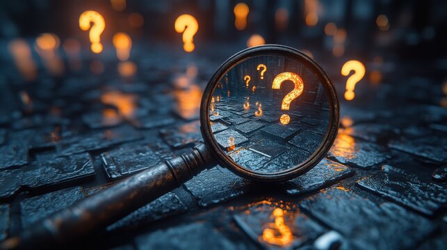 A magnifying glass with a question mark in the center, surrounded by other question marks in the background. The image evokes a sense of mystery and curiosity.